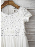 Ivory Chiffon Beaded Short Sleeves Knee Length Flower Girl Dress 